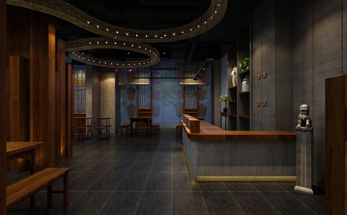 返璞歸真、回歸自然的健康飲食餐廳前臺(tái)大廳設(shè)計(jì)案例效果圖